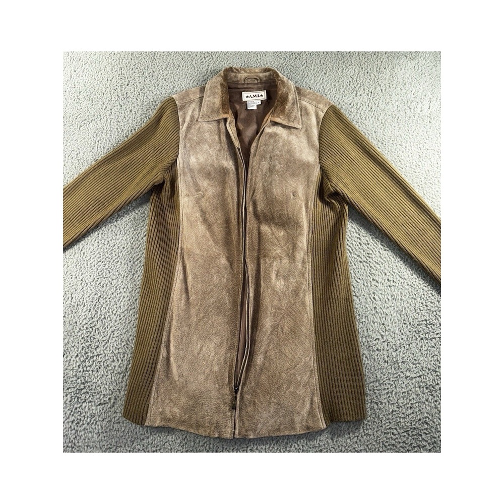 Retro Leather Knit Jacket Women L Brown Ribbed Full Zip VTG Boho Mixed Media